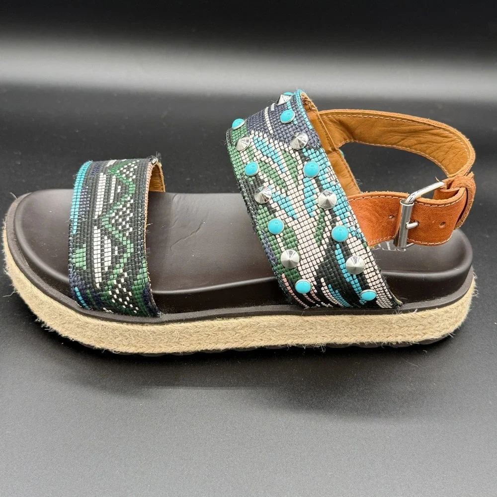 Stokton Italy Women 38 Woven Studded Turquoise Platform Espadrille Sandals